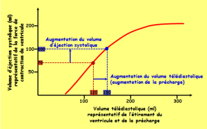 Graphe de la courbe de Frank-Starling qui représente le volume d'éjection systolique (en mL) en fonction du volume télédiastolique (en mL)